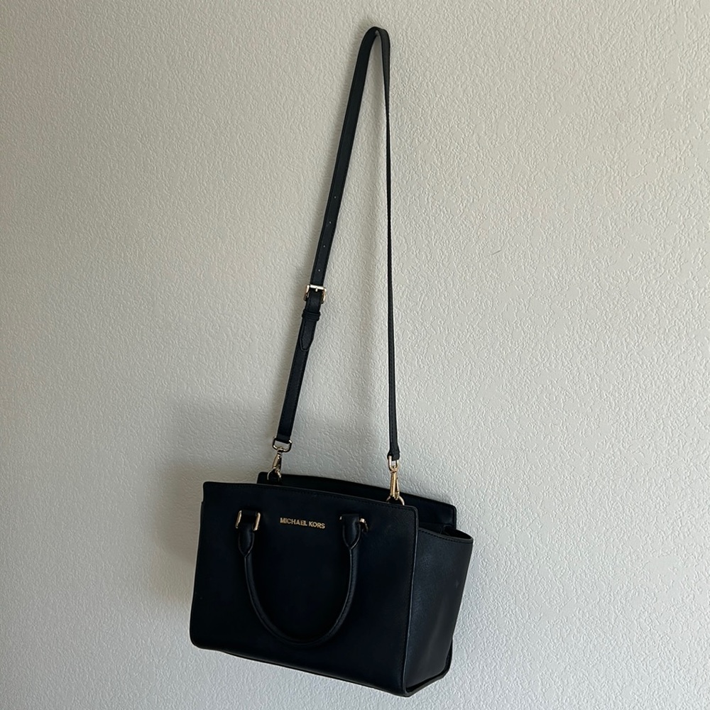 Black Michael Kors purse with gold detailing and long strap - Picture 1 of 8